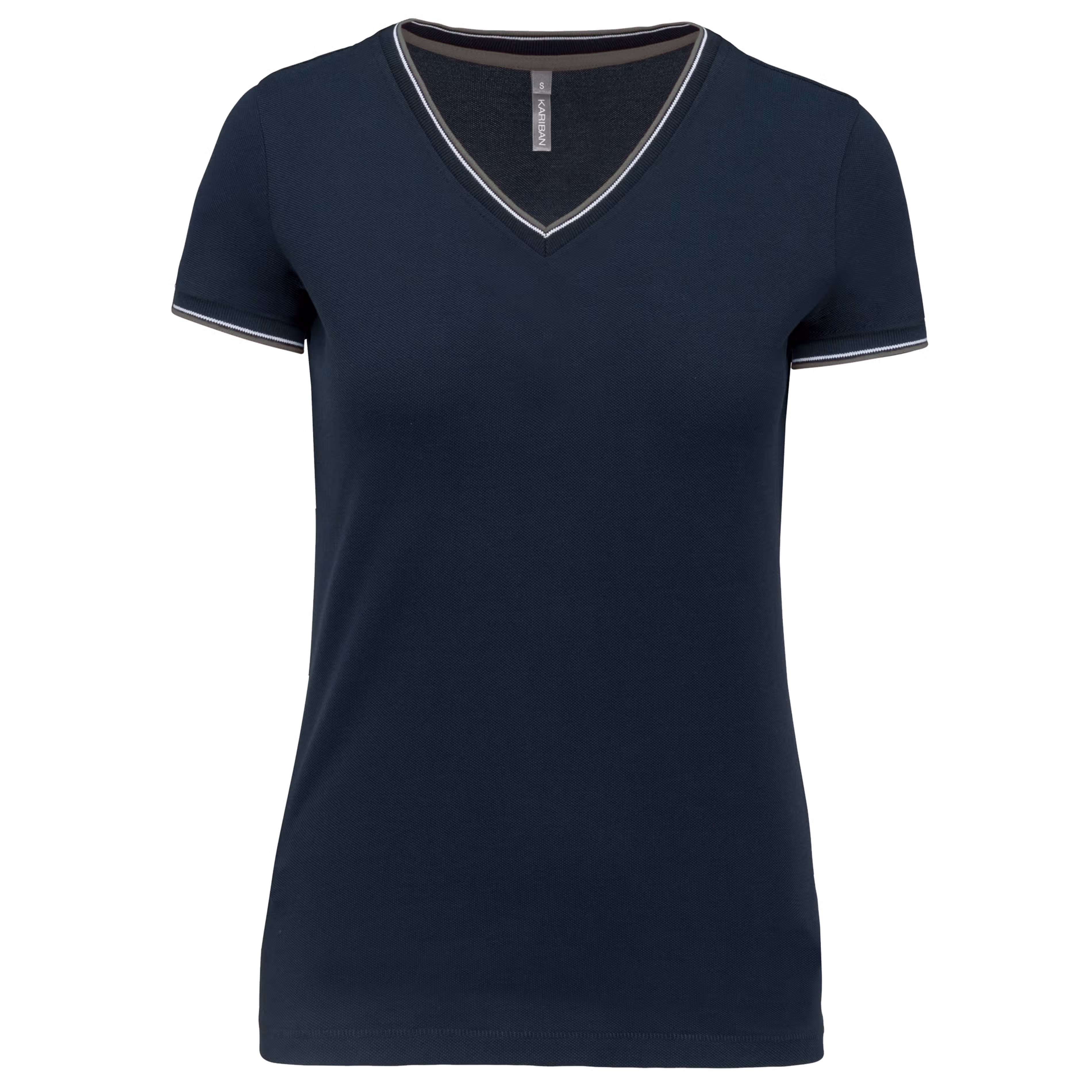 Dames T-shirt V Hals Kariban K394 - Navy / Light Grey / White