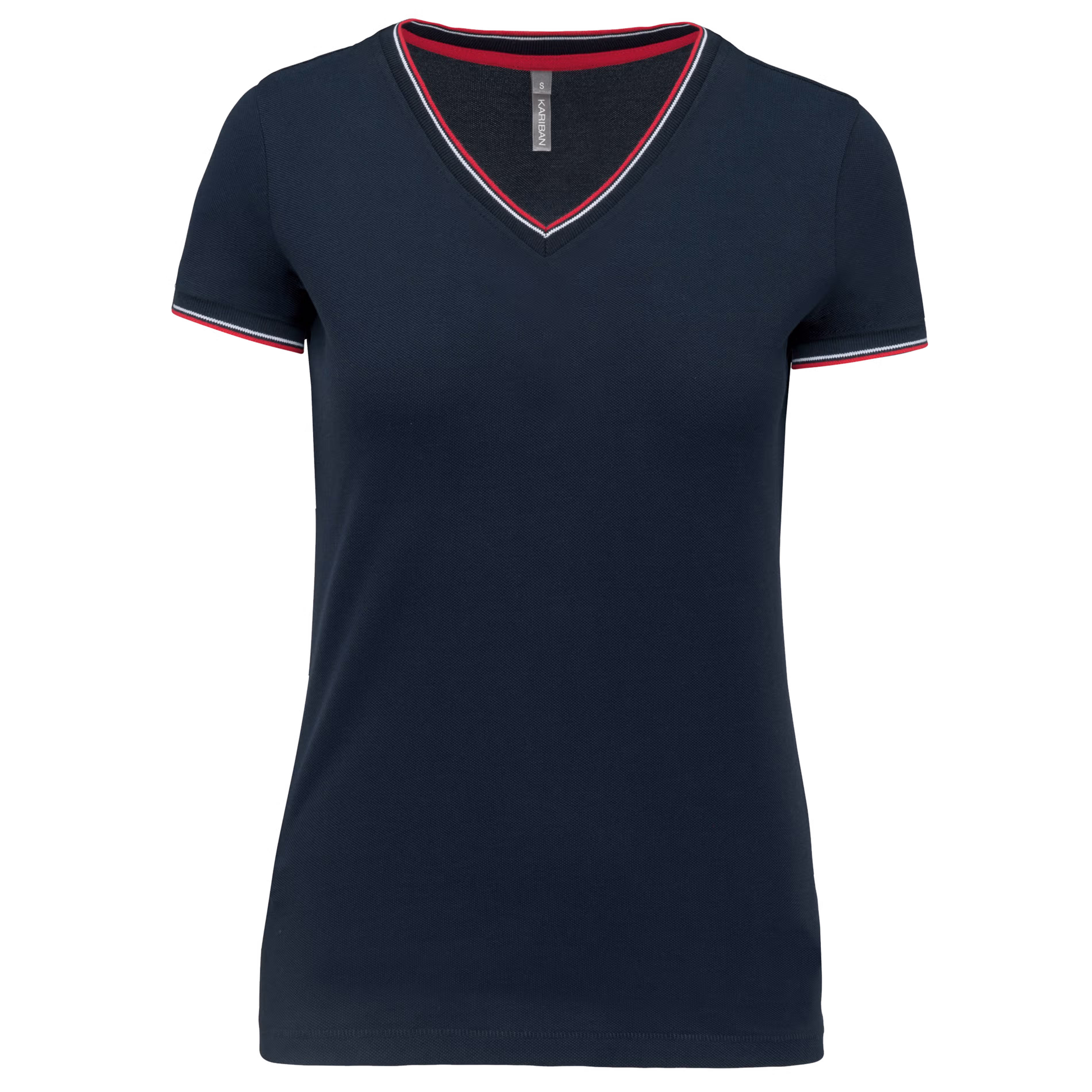 Dames T-shirt V Hals Kariban K394 - Navy / Red/ White