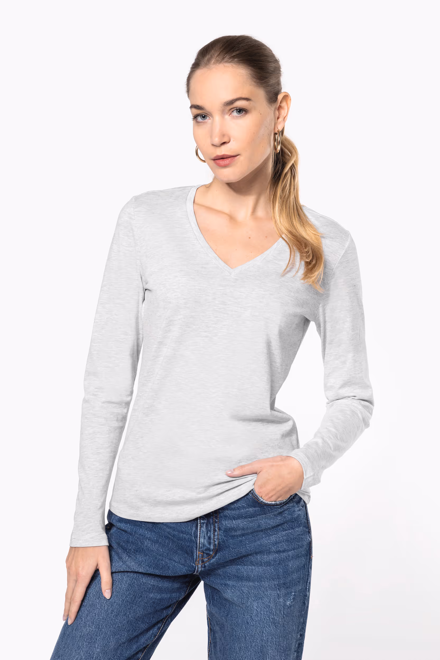 Dames T-shirts lange mouw V Hals Kariban K382
