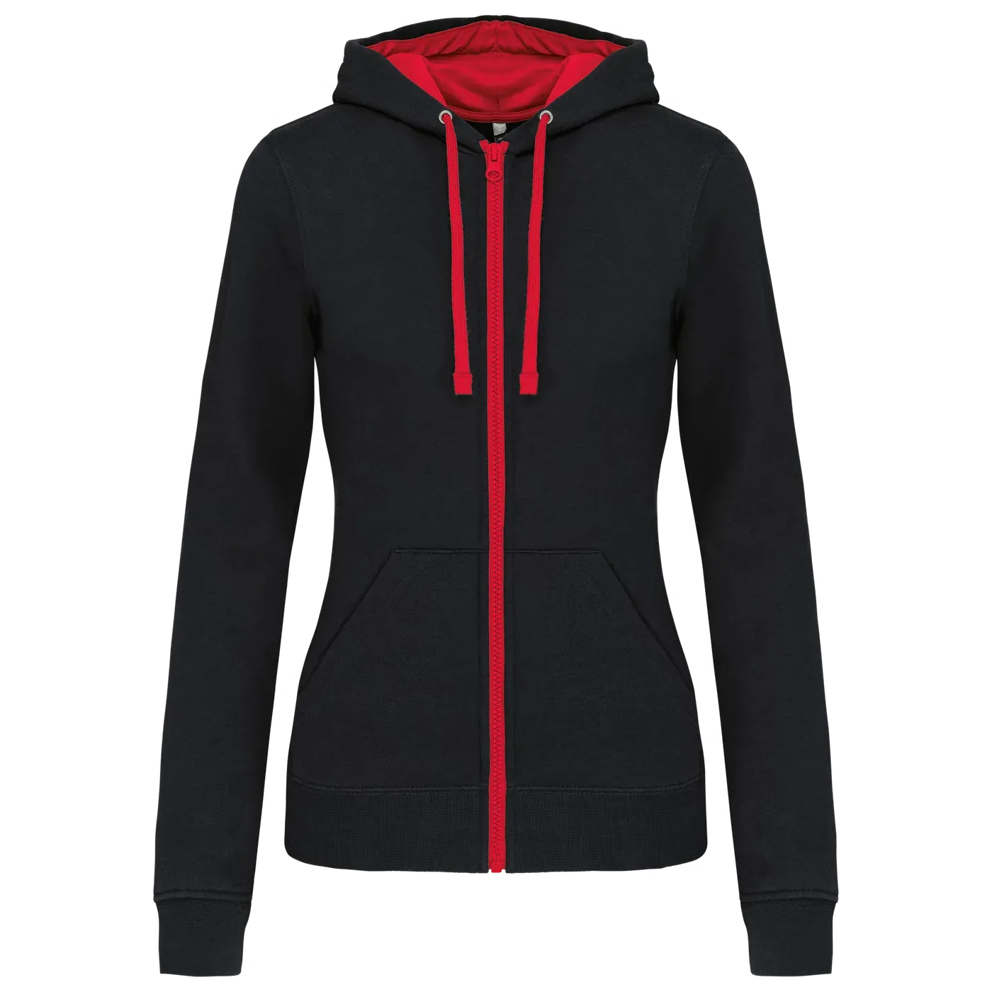 Damessweater met rits en capuchon in contrasterende kleur Kariban K467 in Damessweater met rits en capuchon in contrasterende kleur Kariban K467 - Black - Red