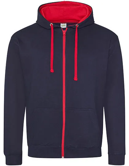 Heren Hooded Sweater met rits AWDis JH053 in AWDis Hoods Varsity zoodie New French Navy-Fire Red