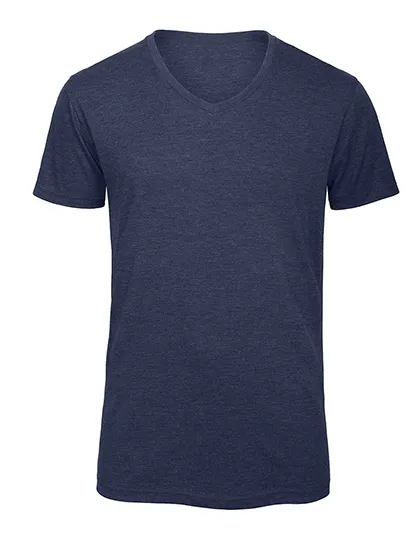 Heren T-shirt V Hals B&C Triblend TM057 in Heather Navy