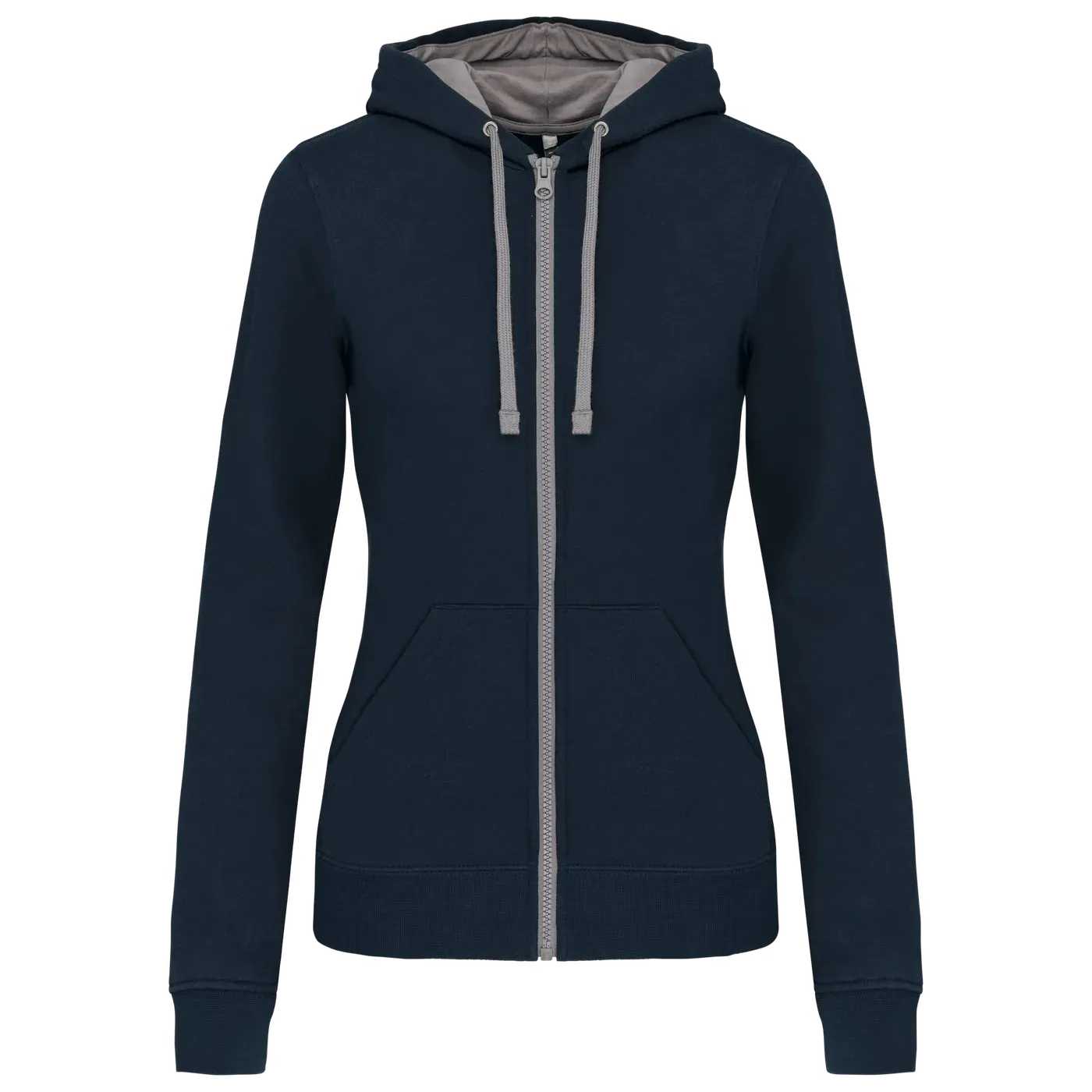 Damessweater met rits en capuchon in contrasterende kleur Kariban K467 in Damessweater met rits en capuchon in contrasterende kleur Kariban K467 - Navy - Fine Grey