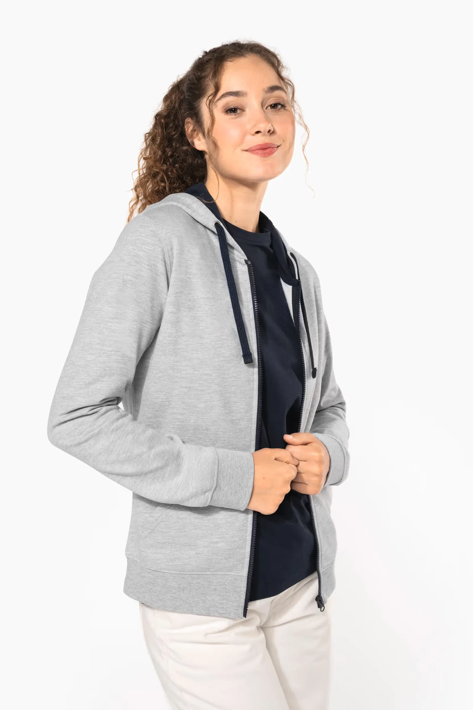 Damessweater met rits en capuchon in contrasterende kleur Kariban K467