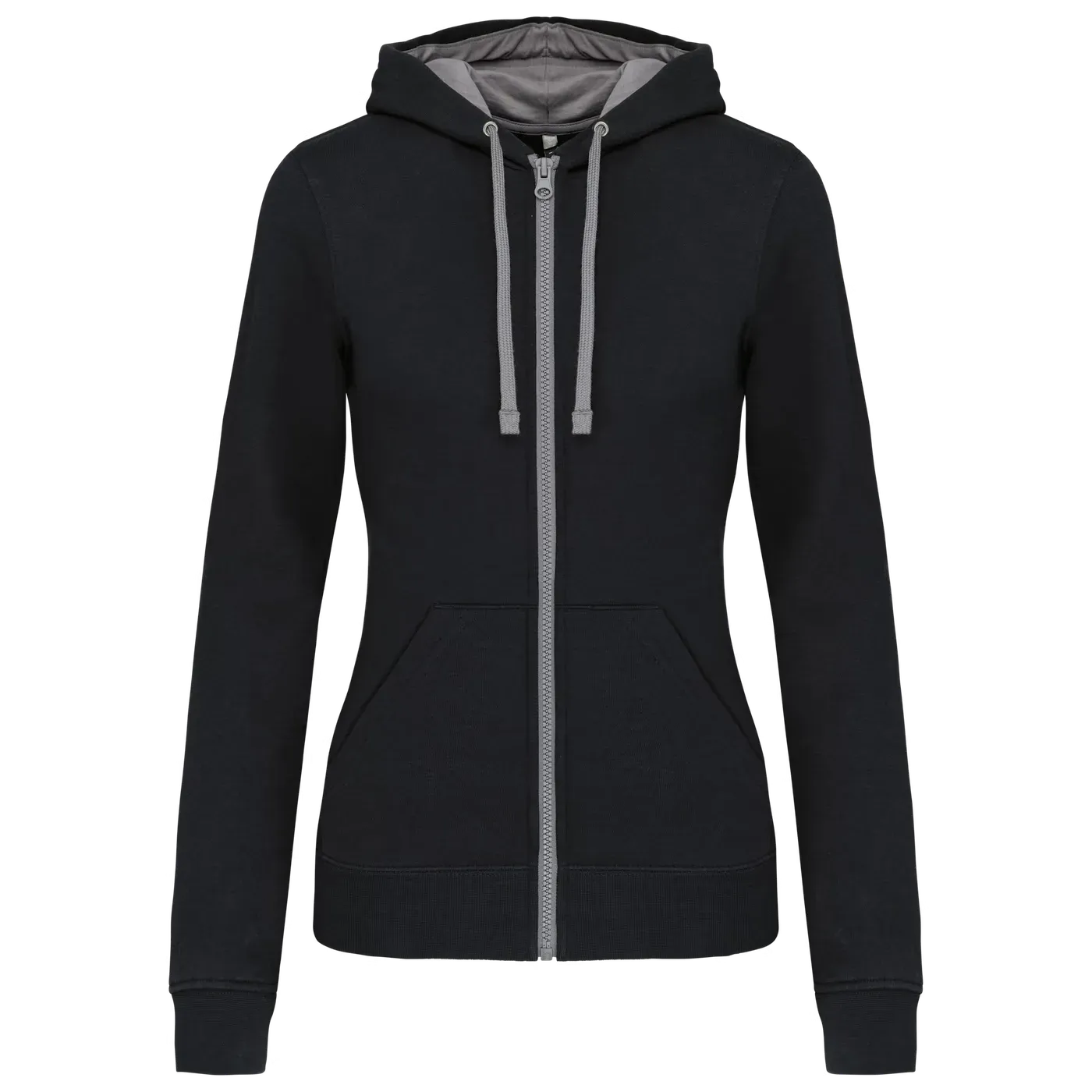 Damessweater met rits en capuchon in contrasterende kleur Kariban K467 in Damessweater met rits en capuchon in contrasterende kleur Kariban K467 - Black - Fine Grey